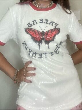 OFF-WHITE c/o Virgil Abloh "Free As A Butterfly" Sequin Ringer Tee (NWT)